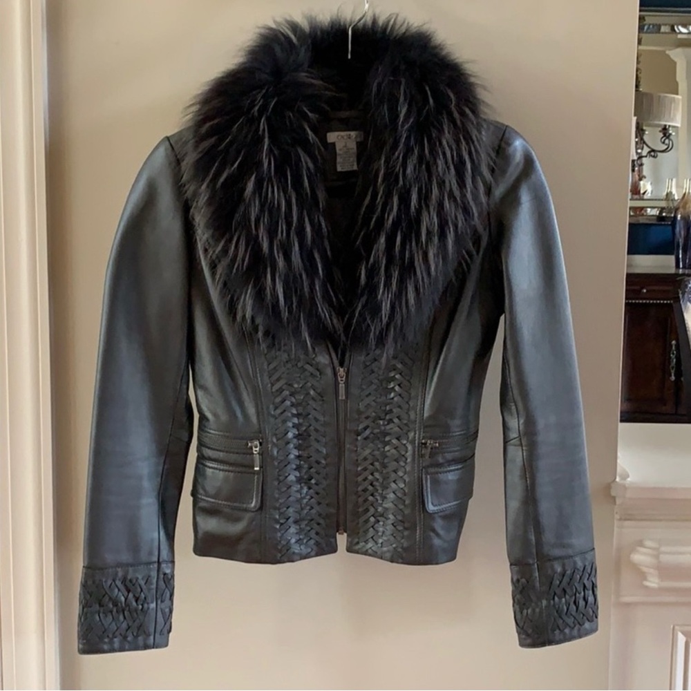 Cache Genuine Charcoal Leather Jacket with Genuine Fur Trim